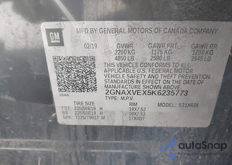 2019 Chevrolet Equinox Lt from USA, damaged, VIN 2GNAXVEX5K6235773